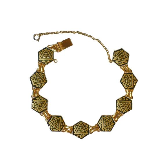 1960s Signed ia Gold Plate Spanish Damascene Hexagon Etched Design Link Bracelet - Picture 1 of 4